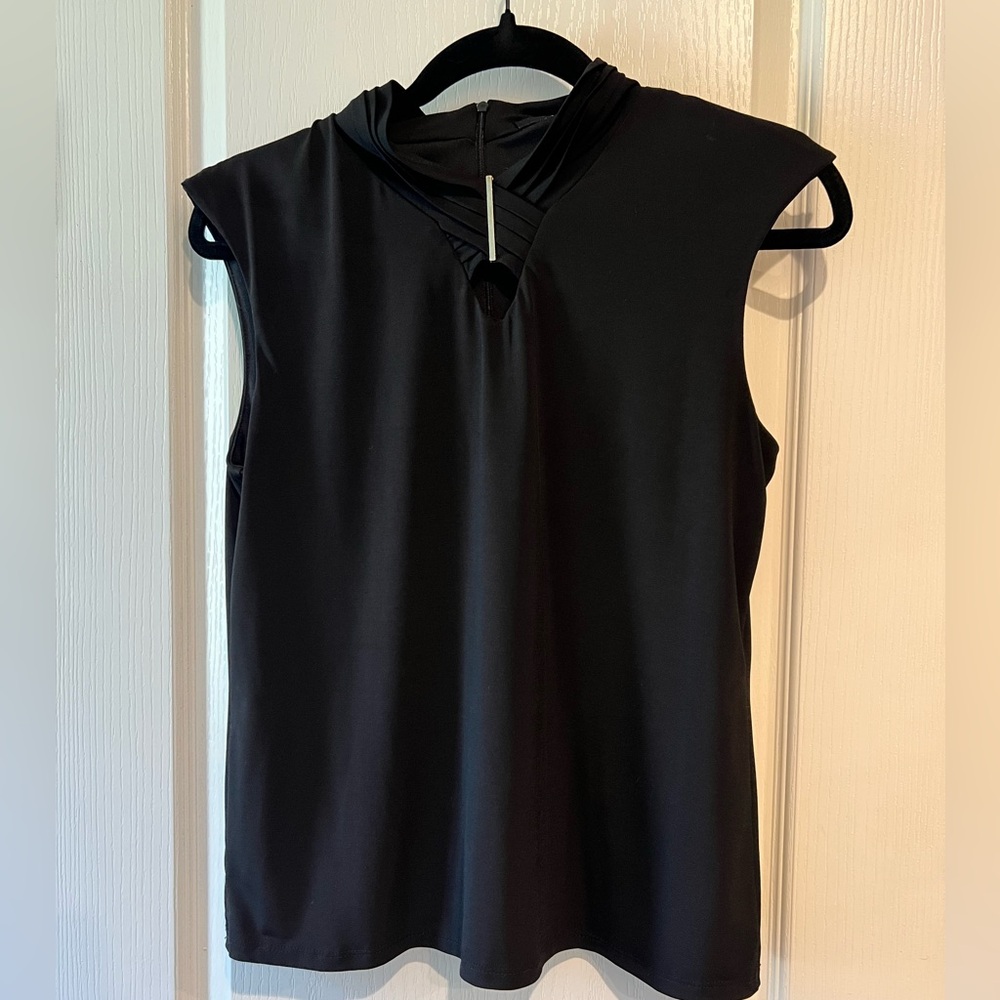 Tahari Black Blouse with High Neckline and Sleeveless Design